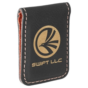 1 3/4" x 2 1/2" Black/Gold Engraved Faux Leather Money Clip