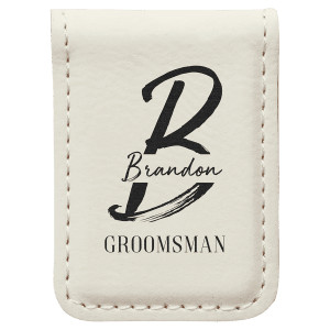 1 3/4" x 2 1/2" White Engraved Faux Leather Money Clip