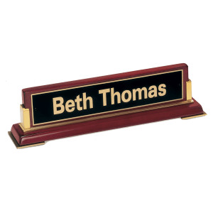 10 5/8"x 2 3/4 x 2 1/2 Rosewood Piano Finish Nameplate and Gold Metal Accents with Black Plate