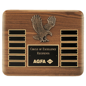 13" X 10 1/2" Solid American Walnut Plaque with Finely Detailed Antique Bronze Eagle Casting and Black LaserFX Header and 12 Perpetual Plates