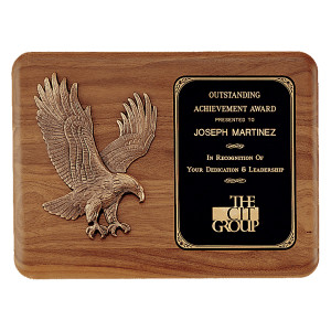15" x 11" Solid American Walnut Plaque with Sculptured Relief Eagle Casting and Laser Engravable Black Brass Plate