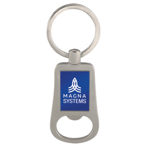 2 1/8" Silver/Blue Custom Engraved Bottle Opener Keychain