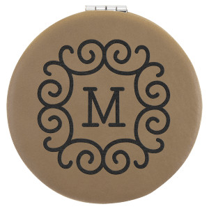 2 1/2" Light Brown Engraved Faux Leather Compact Mirror