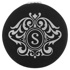 2 1/2" Black/Silver Engraved Faux Leather Compact Mirror
