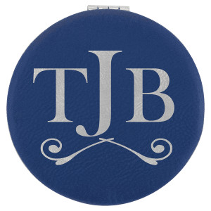 2 1/2" Blue/Silver Engraved Faux Leather Compact Mirror