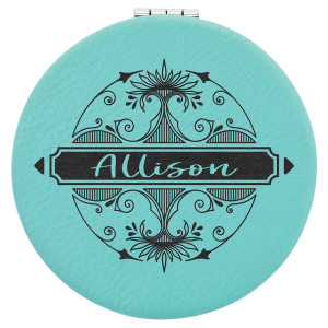 2 1/2" Teal Engraved Faux Leather Compact Mirror