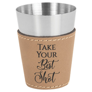 2 oz. Light Brown Engraved Faux Leather & Stainless Steel Shot Glass