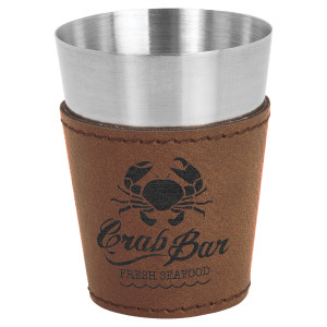 2 oz. Dark Brown Engraved Faux Leather & Stainless Steel Shot Glass