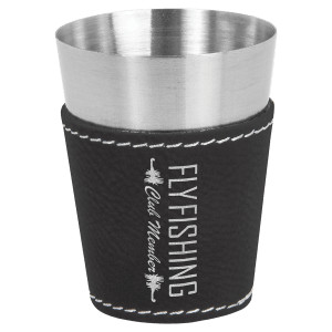 2 oz. Black/Silver Engraved Faux Leather & Stainless Steel Shot Glass