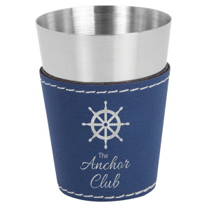 2 oz. Blue/Silver Engraved Faux Leather & Stainless Steel Shot Glass