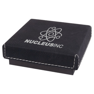 3 1/2" x 3 1/2" Black/Silver Medal Box with Engraved Faux Leather Lid