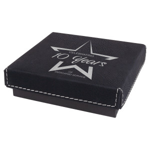 4" x 4" Black/Silver Medal Box with Engraved Faux Leather Lid