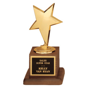 3 1/2" x 6 3/4" Modern Star Casting in Goldtone Finish on Walnut Finish Base with Black Custom Engraved Plate