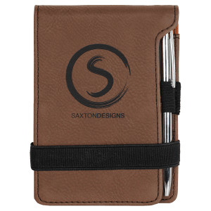 3 1/4" x 4 3/4" Dark Brown Engraved Faux Leather Mini Notepad with Pen