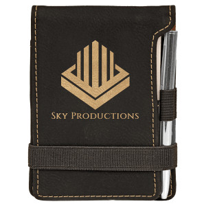 3 1/4" x 4 3/4" Black/Gold Engraved Faux Leather Mini Notepad with Pen