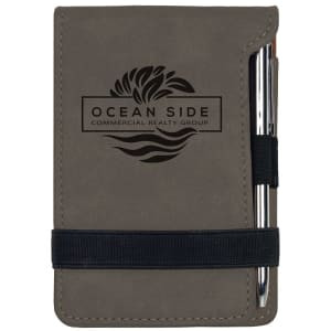 3 1/4" x 4 3/4" Gray Engraved Faux Leather Mini Notepad with Pen