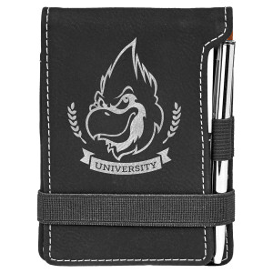 3 1/4" x 4 3/4" Black/Silver Engraved Faux Leather Mini Notepad with Pen