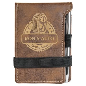 3 1/4" x 4 3/4" Rustic/Gold Engraved Faux Leather Mini Notepad with Pen