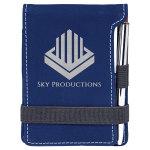 3 1/4" x 4 3/4" Blue/Silver Engraved Faux Leather Mini Notepad with Pen