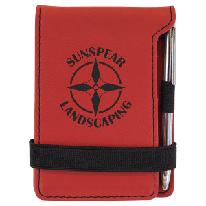 3 1/4" x 4 3/4" Red Engraved Faux Leather Mini Notepad with Pen