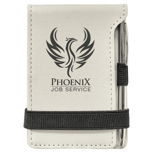 3 1/4" x 4 3/4" White Engraved Faux Leather Mini Notepad with Pen
