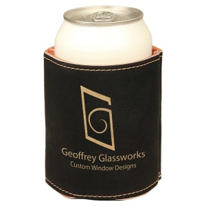 3 3/4" Black/Gold Engraved Faux Leather Beverage Holder