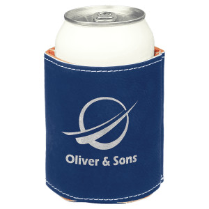 3 3/4" Blue/Silver Engraved Faux Leather Beverage Holder