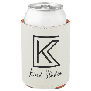3 3/4" White Engraved Faux Leather Beverage Holder