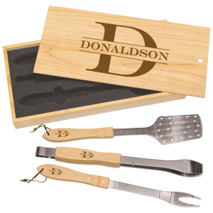 3-Piece BBQ Set in Wooden Pine Box