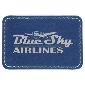 3" x 2" Rectangle Blue/Silver Engraved Faux Leather Patch with Adhesive
