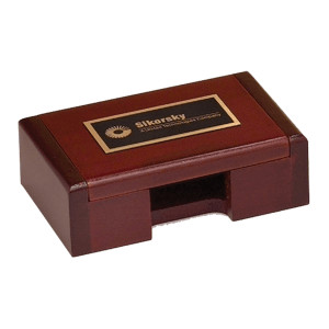 4 3/8" x 2 7/8" Rosewood Finish Business Card Box with Custom Engraved Black Brass Plate
