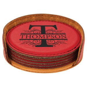4" Red Engraved Faux Leather Round 6-Coaster Set