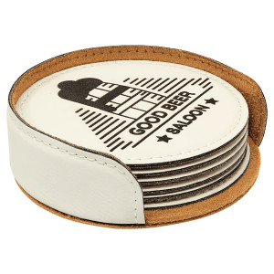 4" White Round Engraved Faux Leather 6-Coaster Set