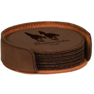 4" Dark Brown Round Engraved Faux Leather 6-Coaster Set