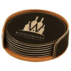 4" Black/Gold Round Engraved Faux Leather 6-Coaster Set
