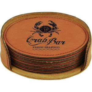 4" Rawhide Round Engraved Faux Leather 6-Coaster Set
