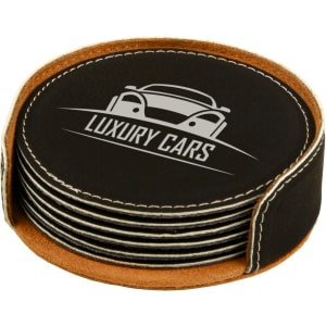 4" Black/Silver Round Engraved Faux Leather 6-Coaster Set