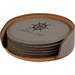 4" Gray Round Engraved Faux Leather 6-Coaster Set