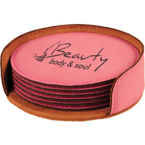 4" Pink Round Engraved Faux Leather 6-Coaster Set