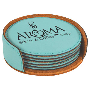 4" Teal Round Engraved Faux Leather 6-Coaster Set