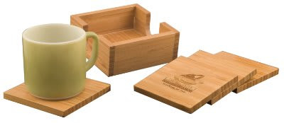 4" x 4" Bamboo Square 4-Coaster Set with Holder - Bamboo