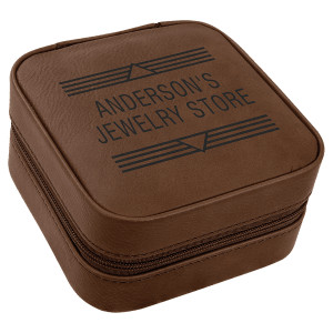4" X 4" Dark Brown Engraved Faux Leather Travel Jewelry Box with Tan Lining
