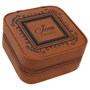4" X 4" Rawhide Engraved Faux Leather Travel Jewelry Box with Tan Lining