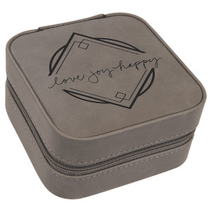 4" X 4" Gray Engraved Faux Leather Travel Jewelry Box with Tan Lining