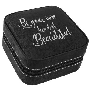 4" x 4"  Black/Silver Engraved Faux Leather Travel Jewelry Box with Tan Lining