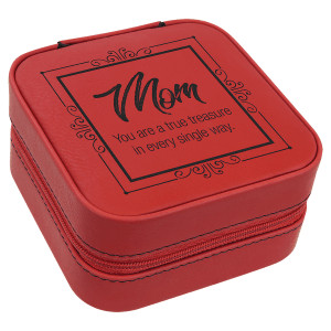 4" X 4" Red Engraved Faux Leather Travel Jewelry Box with Tan Lining