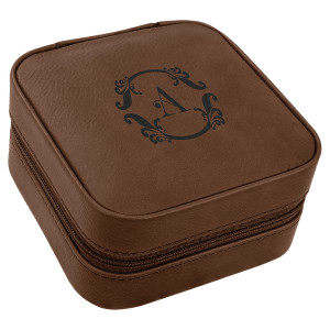 4" X 4" Dark Brown Engraved Faux Leather Travel Jewelry Box with Black Lining