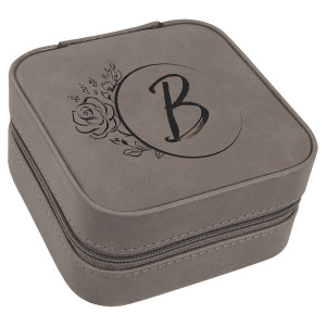 4" X 4" Gray Engraved Faux Leather Travel Jewelry Box with Black Lining