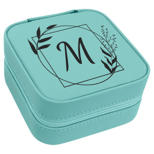 4" X 4" Teal Engraved Faux Leather Travel Jewelry Box with Black Lining
