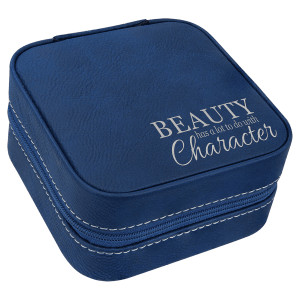 4" X 4" Blue/Silver Engraved Faux Leather Travel Jewelry Box with Black Lining